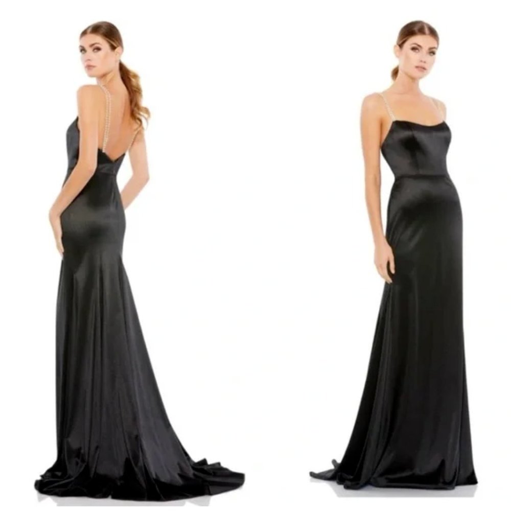 NEW Mac Duggal Charmeuse Rhinestone Strap Trumpet Gown Maxi Dress 12428 10 Black